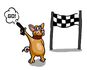 Schweinehund vor einem Start in einem Rennen, der eine Pistole hochhält, Study Trigger sind dein Startschuss zum Lernen